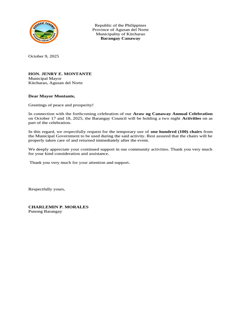 Request Letter 100chair | PDF