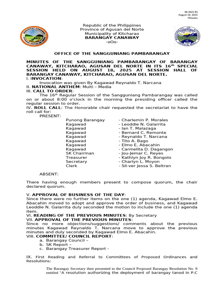 Minutes of August 18 2025 | PDF | Parliamentary Procedure | Meetings