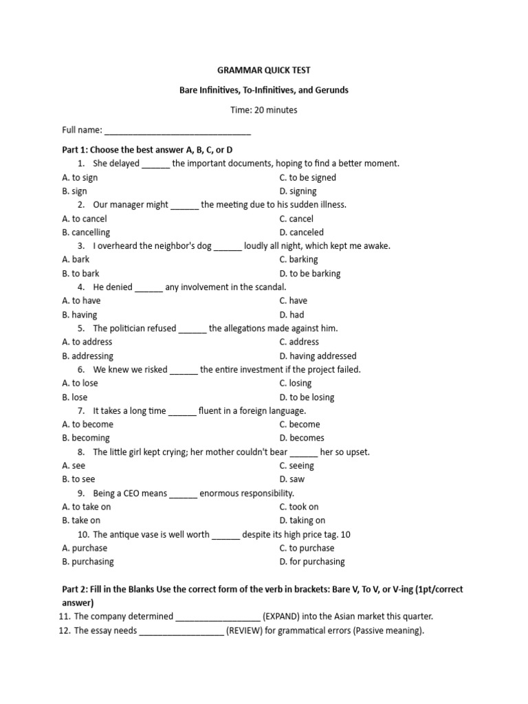 GRA - Quick Test - V, To V, Ving | PDF