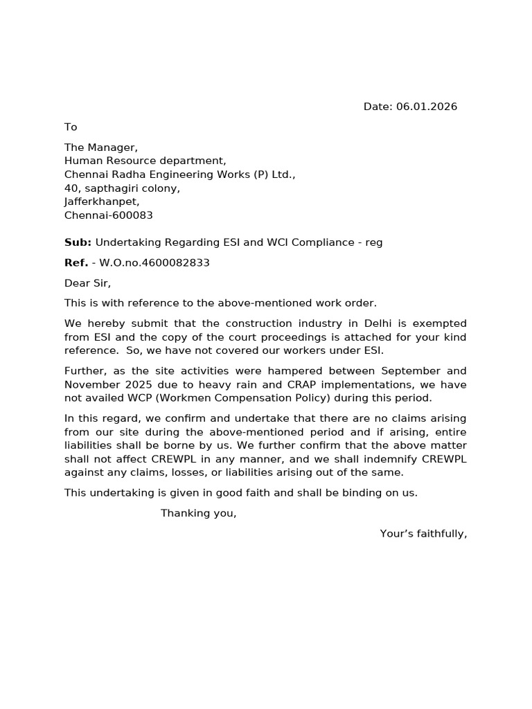 ESI and WCI Compliance Undertaking | PDF