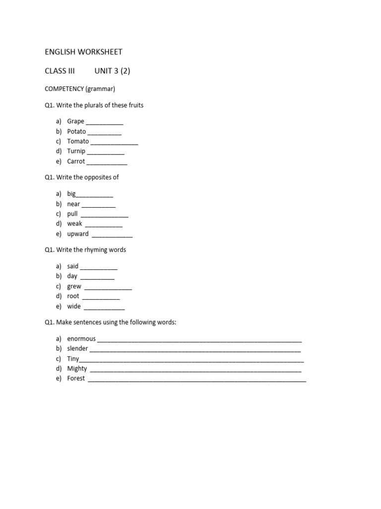 Class III English Grammar Worksheet | PDF