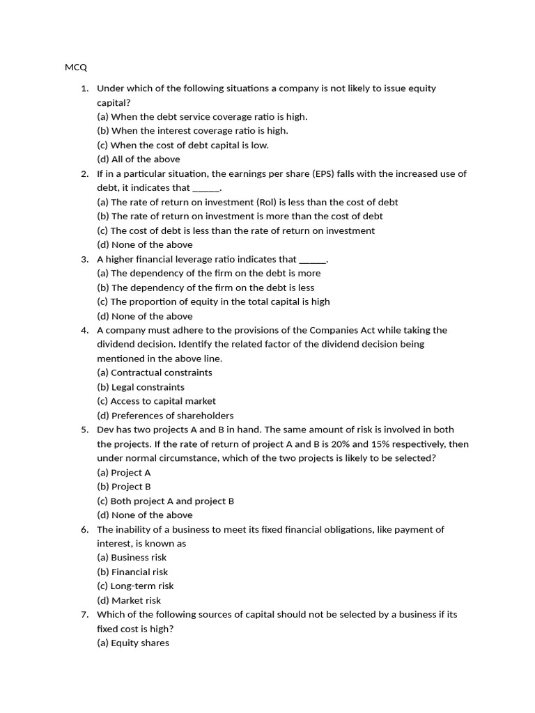 Financial Leverage and Dividend Decisions MCQ | PDF | Cost Of Capital ...