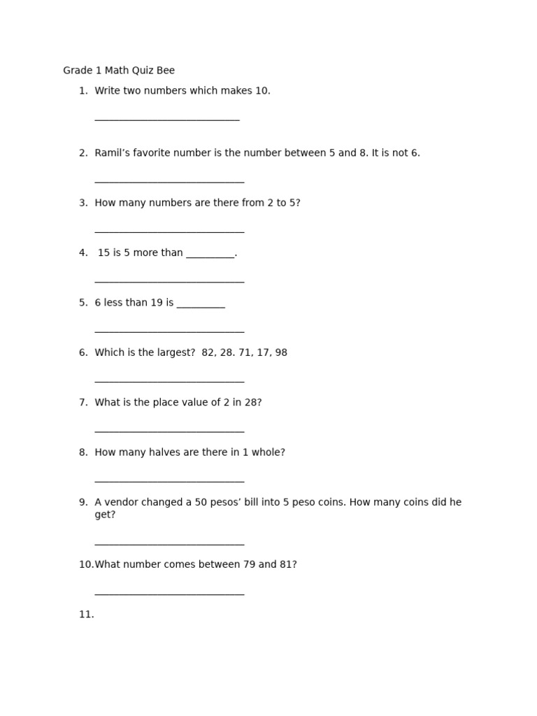 Grade 1 Math Quiz Questions | PDF