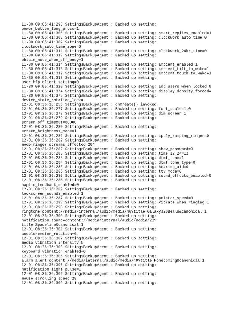 Android Settings Backup Log | PDF