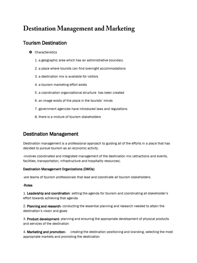 Destination Management and Marketing Notes I | PDF | Tourism | Policy