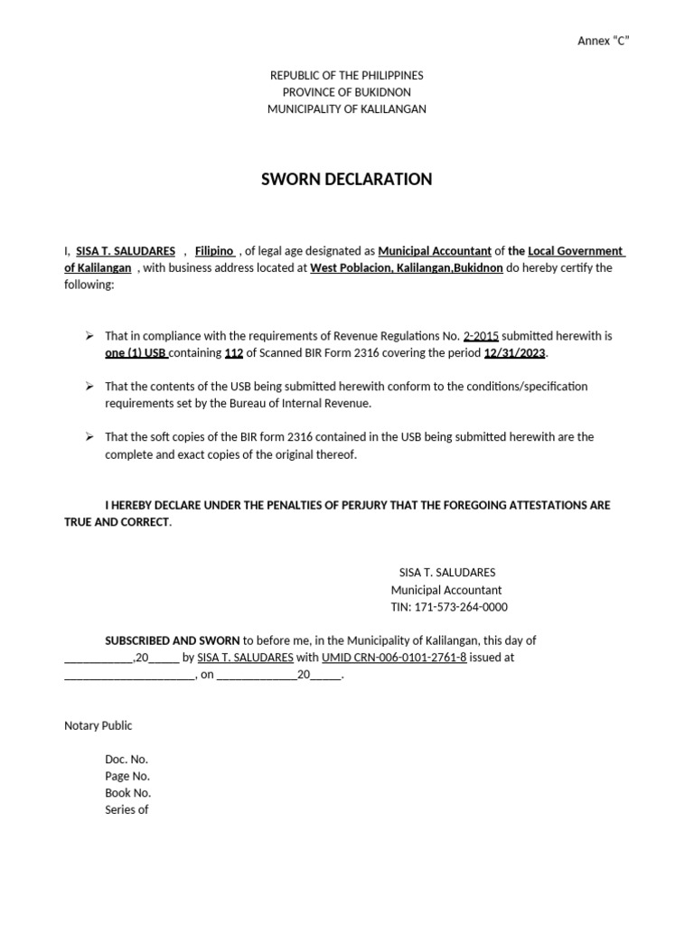 Sworn Declaration of BIR Form 2316 Submission | PDF