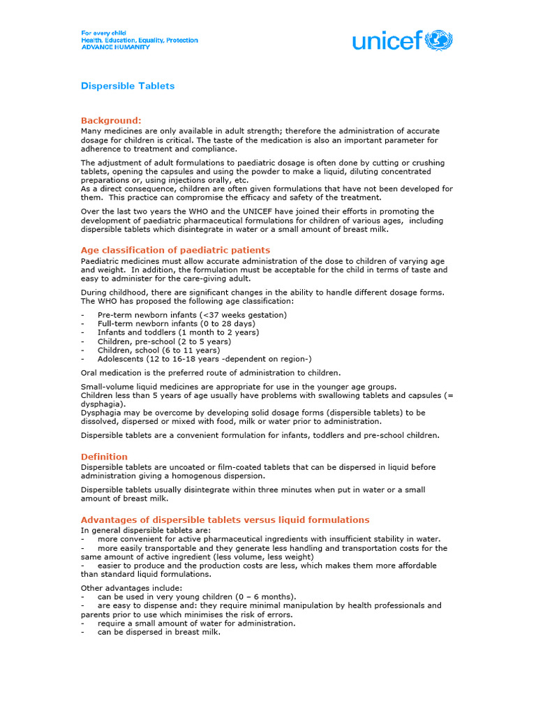Dispersible Tablets for Pediatric Use | PDF | Pharmaceutical ...