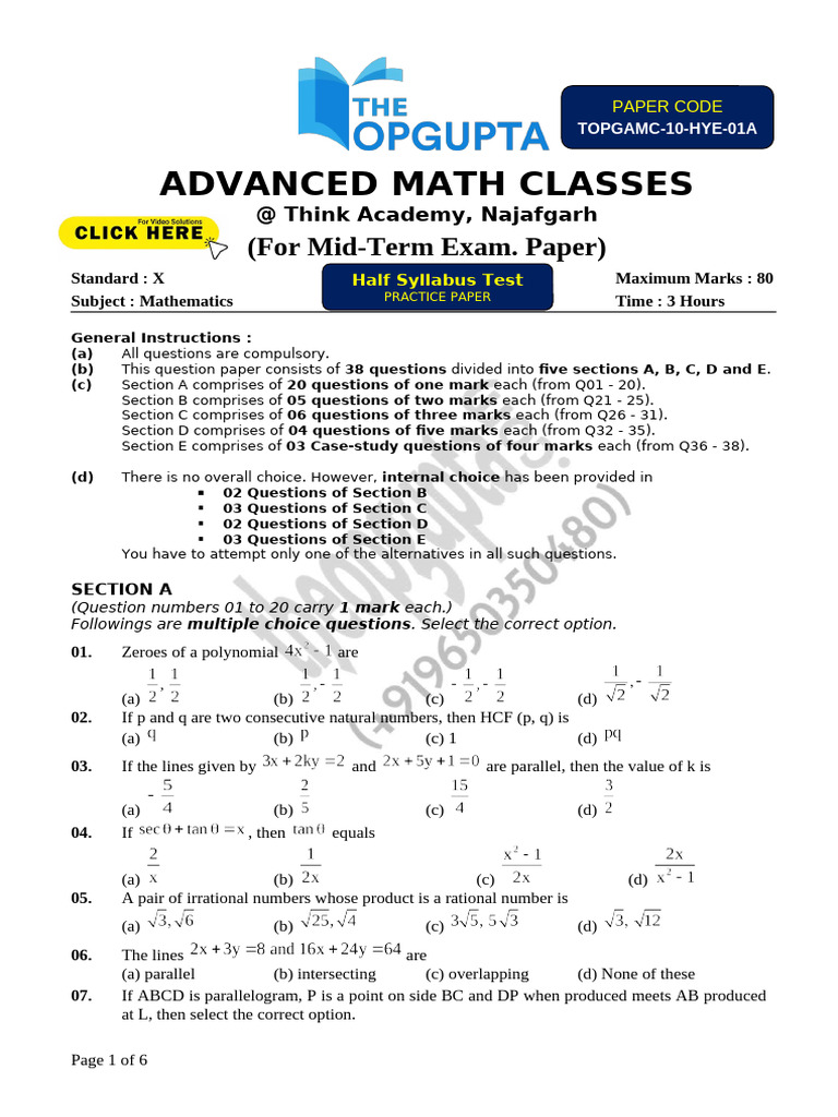 Class X Mathematics Mid-Term Exam Paper | PDF | Polynomial | Zero Of A ...