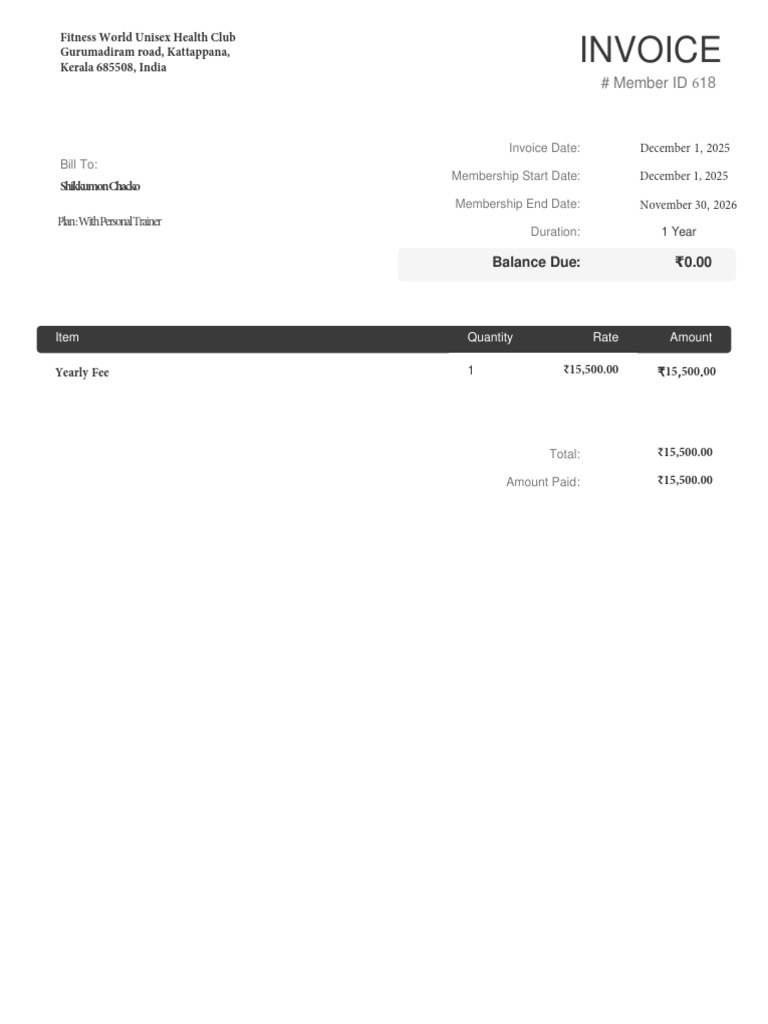Fitness World Membership Invoice | PDF