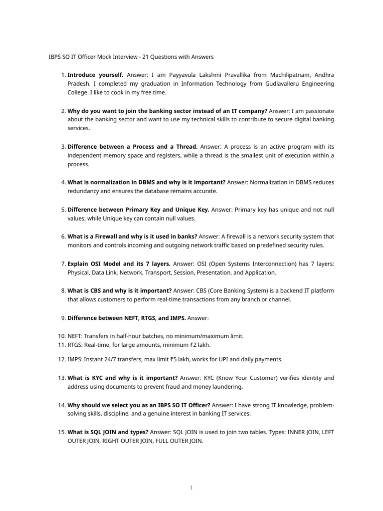 IBPS SO IT Officer Mock Interview Guide | PDF | Databases | Osi Model