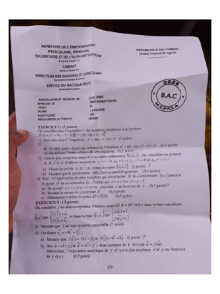 Bac Rouge Maths 2025 Congo-Brazzaville | PDF