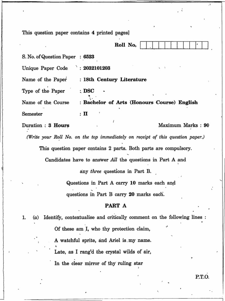 18th Century Literature Exam Paper | PDF