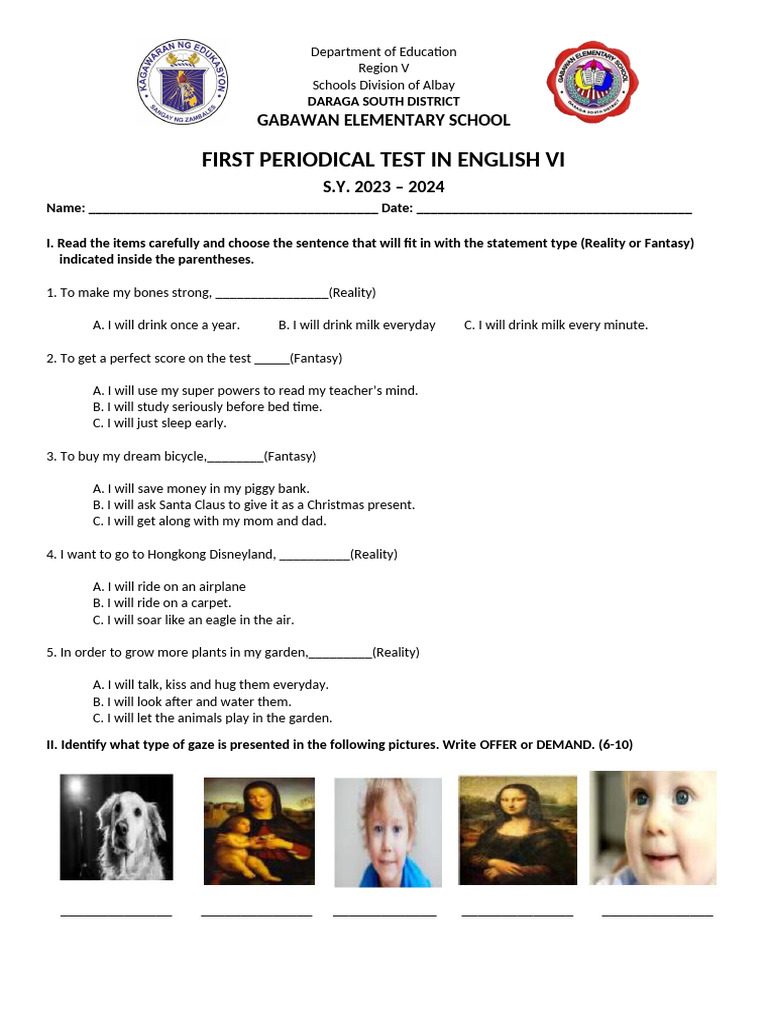 English VI First Periodical Test 2023 | PDF