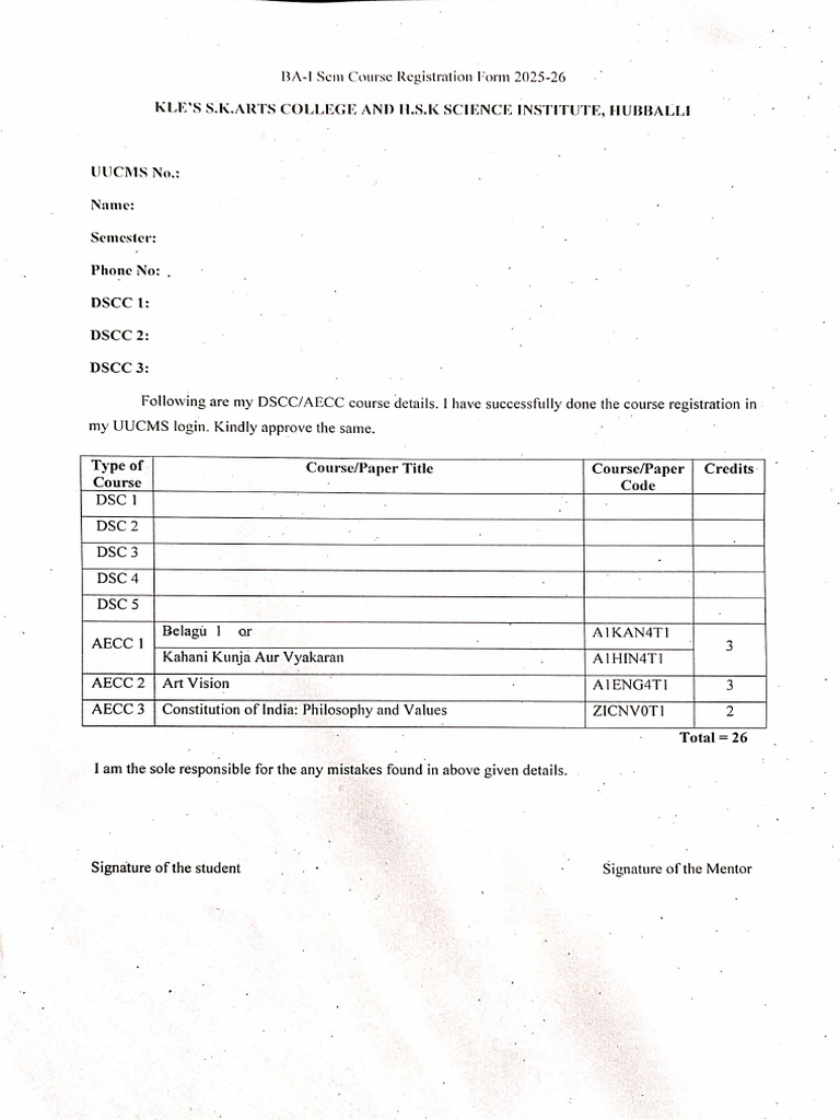 Ba 1 Sem CR Form | PDF