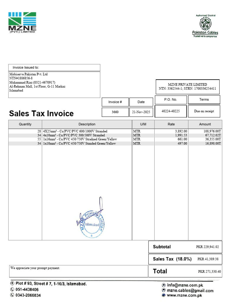 Sales Tax Invoice for Mobiserve Pakistan | PDF