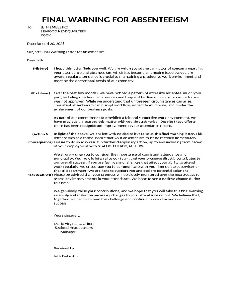 Final Warning for Attendance Issues | PDF | Business | Social Psychology