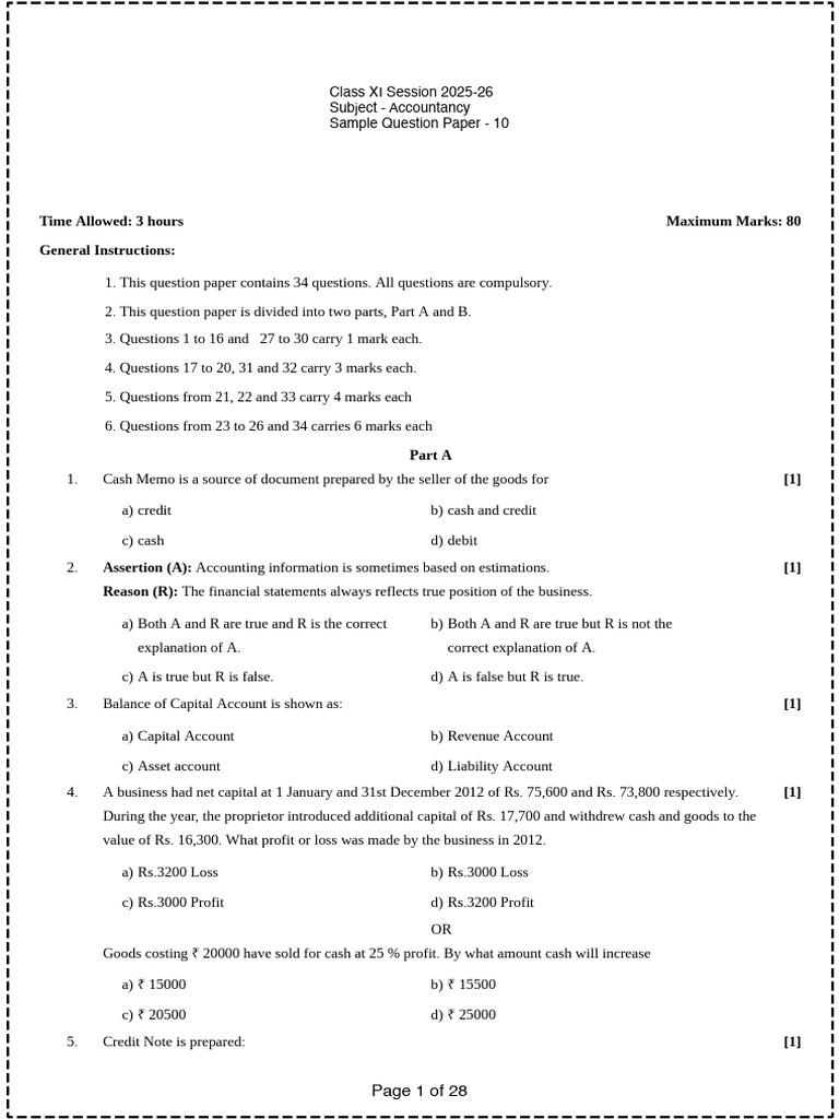 Class XI Accountancy Sample Paper | PDF | Debits And Credits | Expense