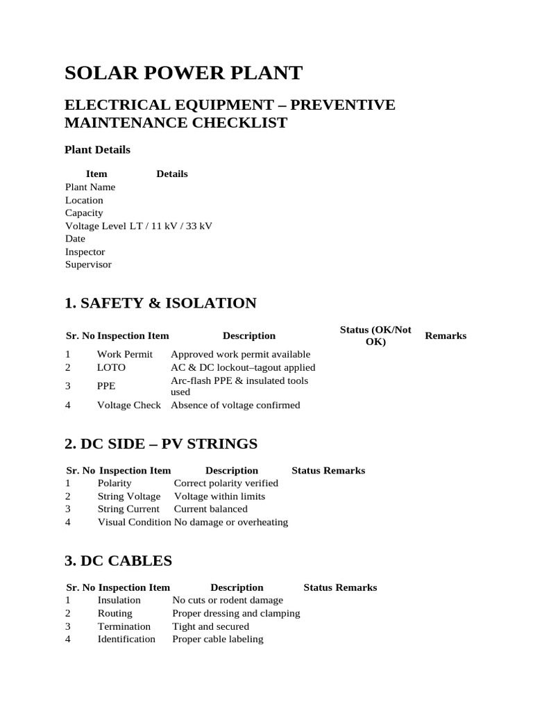 Solar Power Plant Maintenance Checklist | PDF | Power Inverter ...