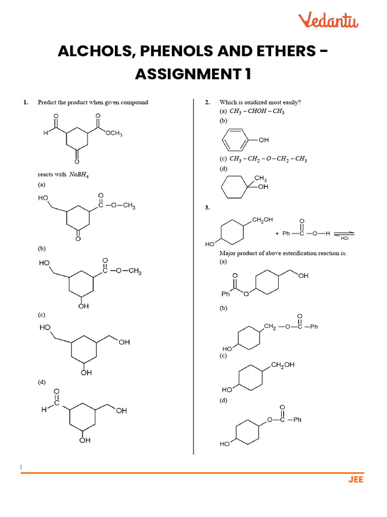 Alcohols, Phenols and Ethers - Assignment 1 | PDF | Ether | Ester