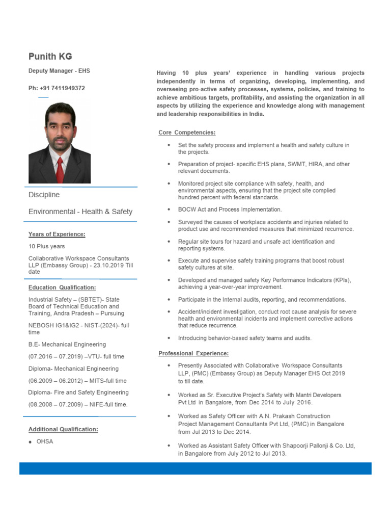 Cv Punith Ehs | PDF | Occupational Safety And Health | Safety
