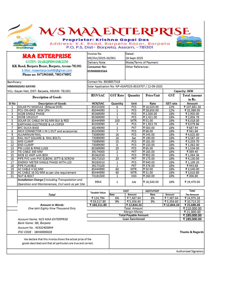 Solar Equipment Invoice Breakdown | PDF