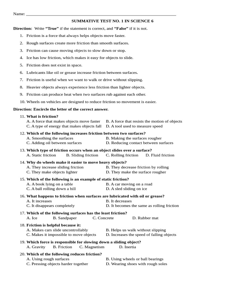 Science 6 Summative Test on Forces and Energy | PDF | Friction | Machines