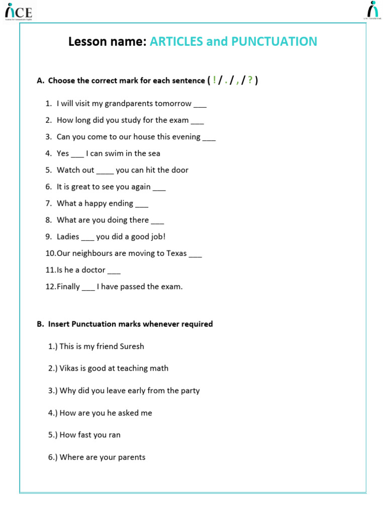 Articles and Punctuation Practice Guide | PDF