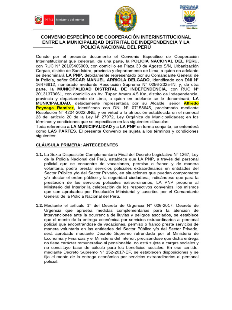 Convenio de Cooperación PNP y Municipalidad | PDF | Policía | Gobierno ...