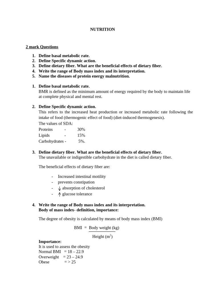 Nutrition Basics: BMR, Fiber, Malnutrition | PDF | Dietary Fiber | Diet ...