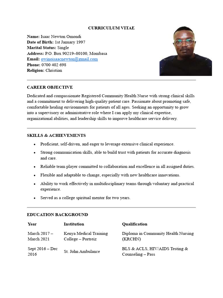Isaac Newton Omondi's Nursing CV | PDF | Nursing | Hospital