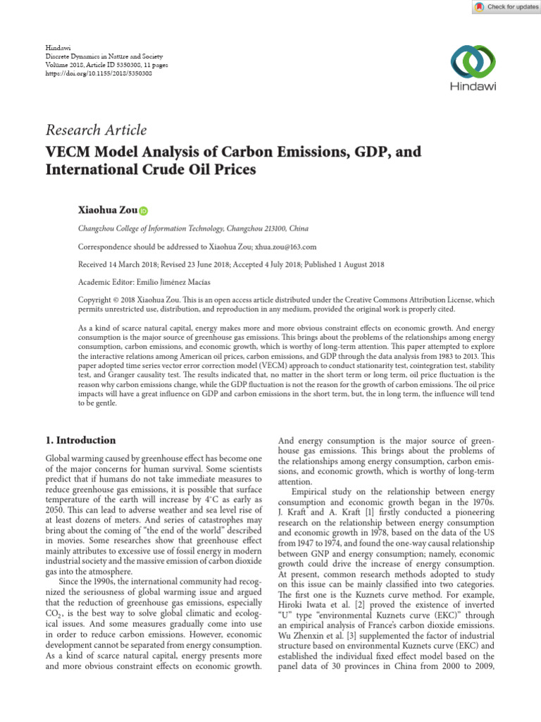 VECM Analysis of Carbon Emissions and GDP | PDF | Vector Autoregression ...