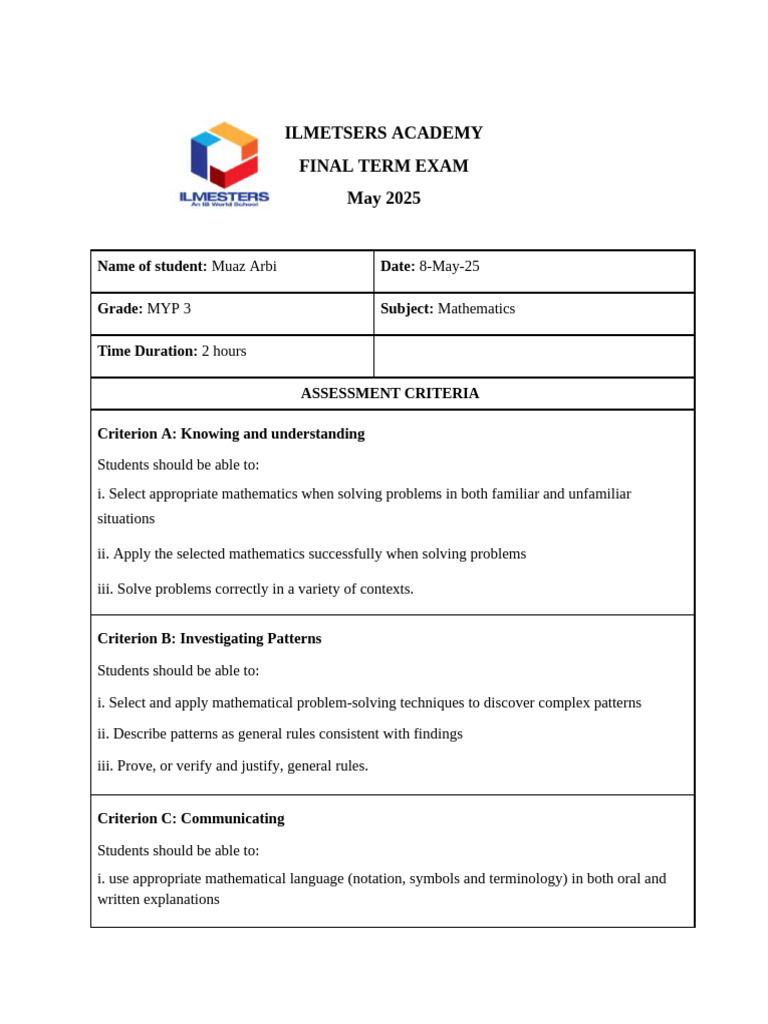 MYP 3 Mathematics Final Exam 2025 | PDF | Mathematics
