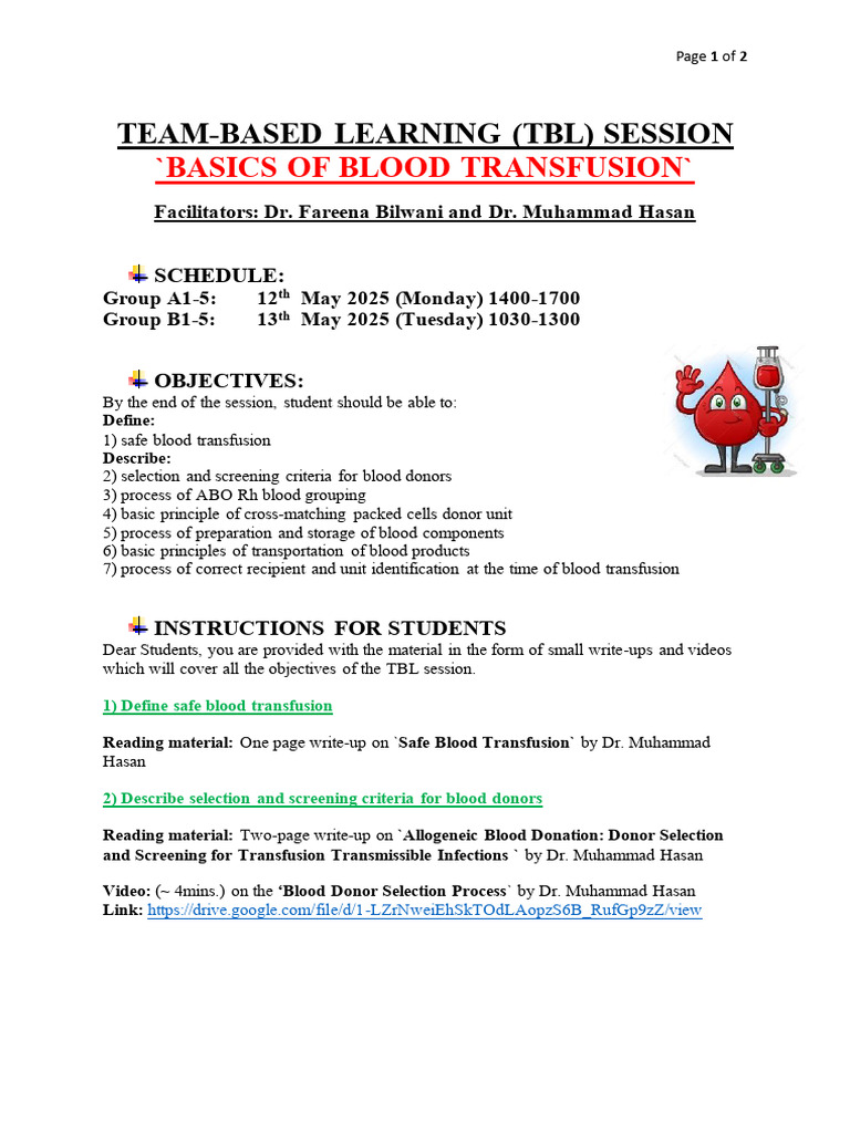 Blood Transfusion Basics TBL Session | PDF | Blood Transfusion | Blood ...