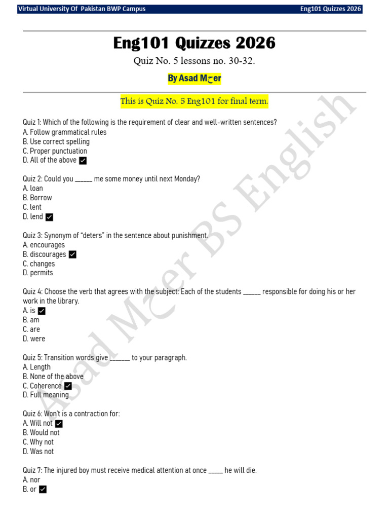 Eng101 Quiz 5 Answers 2026 | PDF | Adjective | Verb