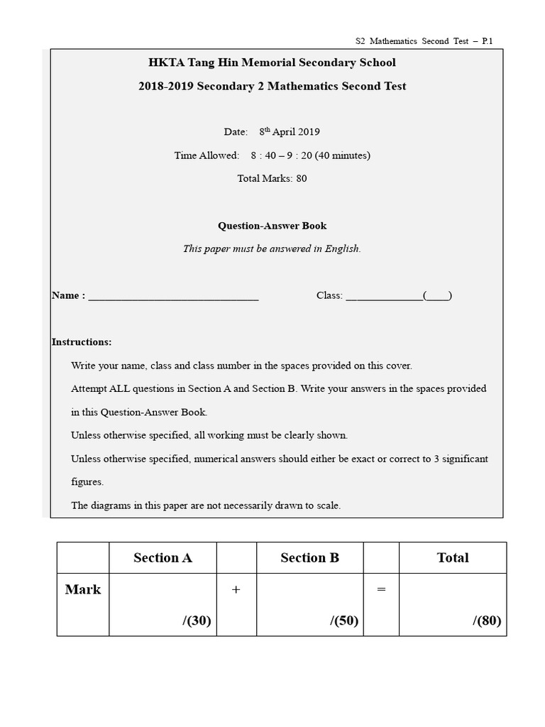 18-19 S2 Mathematics Second Test | PDF | Mathematics