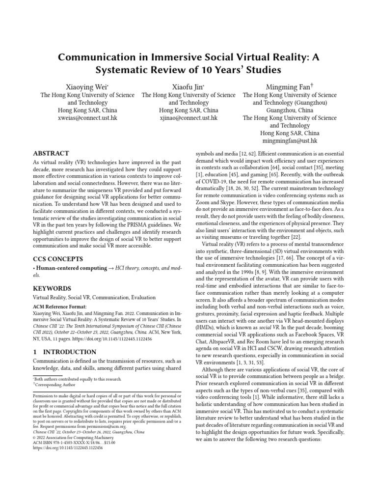 Social VR Communication: A 10-Year Review | PDF | Virtual Reality ...