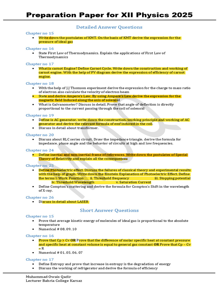 XII Physics 2025 Exam Preparation Guide | PDF | Inductor | Electrical ...