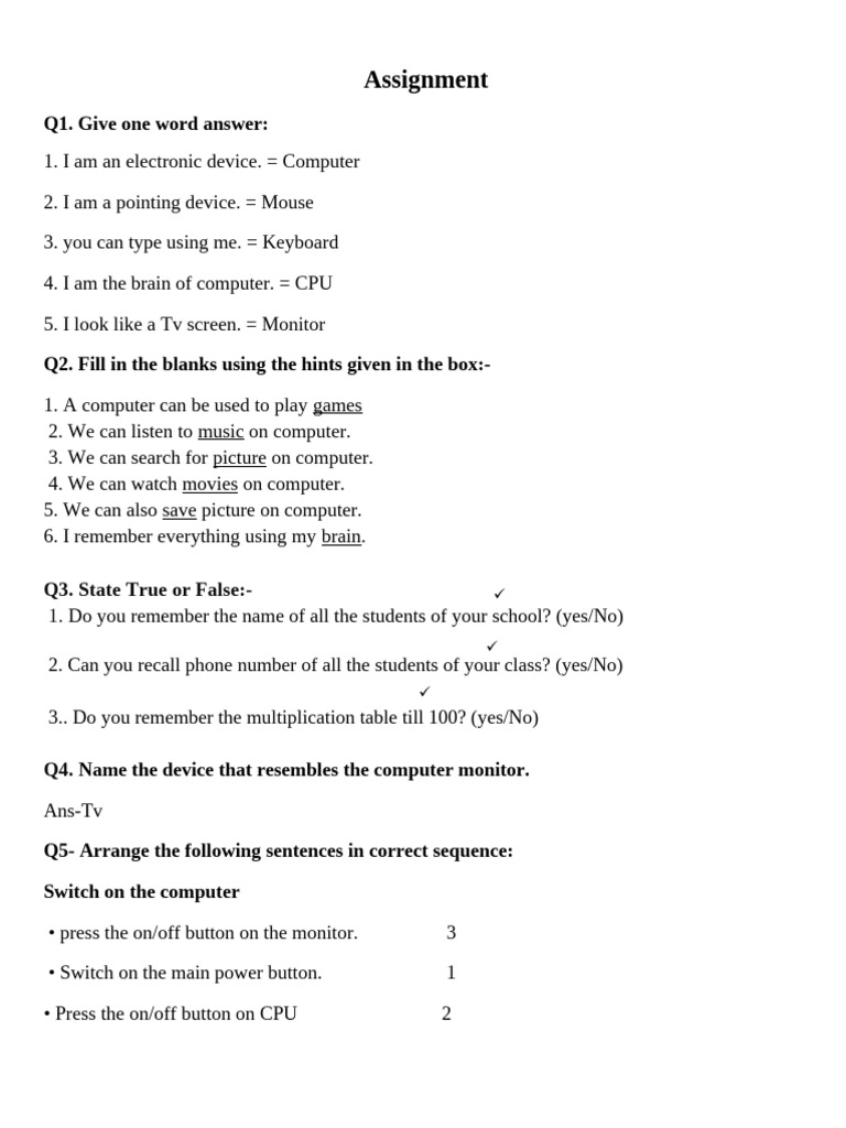 Assignment of Chapter-1 Class 3 | PDF | Computer Keyboard | Computer ...