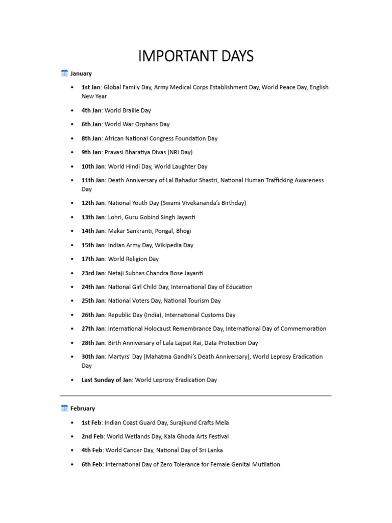Important Global and National Days | PDF