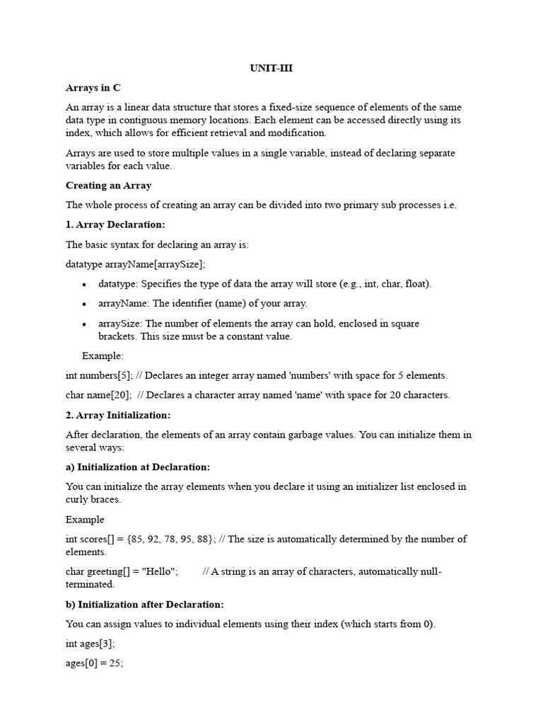 Unit -III Arrays in c | PDF | Pointer (Computer Programming ...