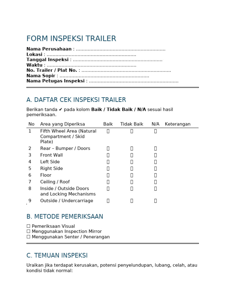 Formulir Inspeksi Trailer Lengkap | PDF