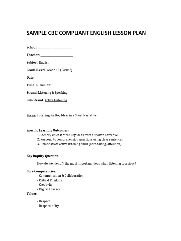 CBC Compliant English Lesson Plan | PDF | Reading Comprehension ...