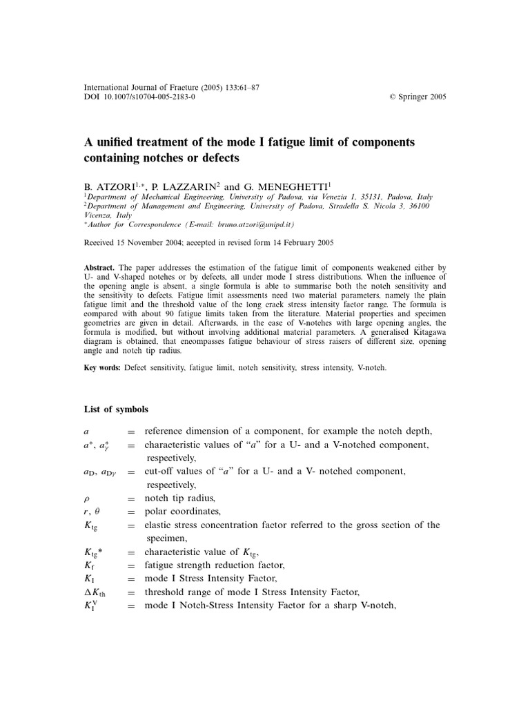 Mode I Fatigue Limit for Notched Components | PDF | Fracture Mechanics ...