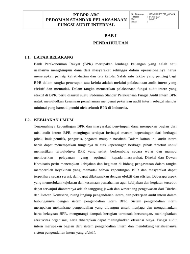 Pedoman Audit Internal BPR ABC 2024 | PDF