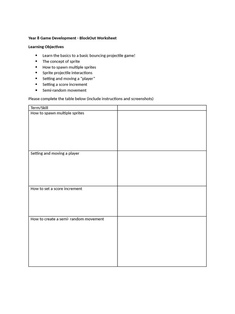 Year 8 Game Development - BlockOut | PDF