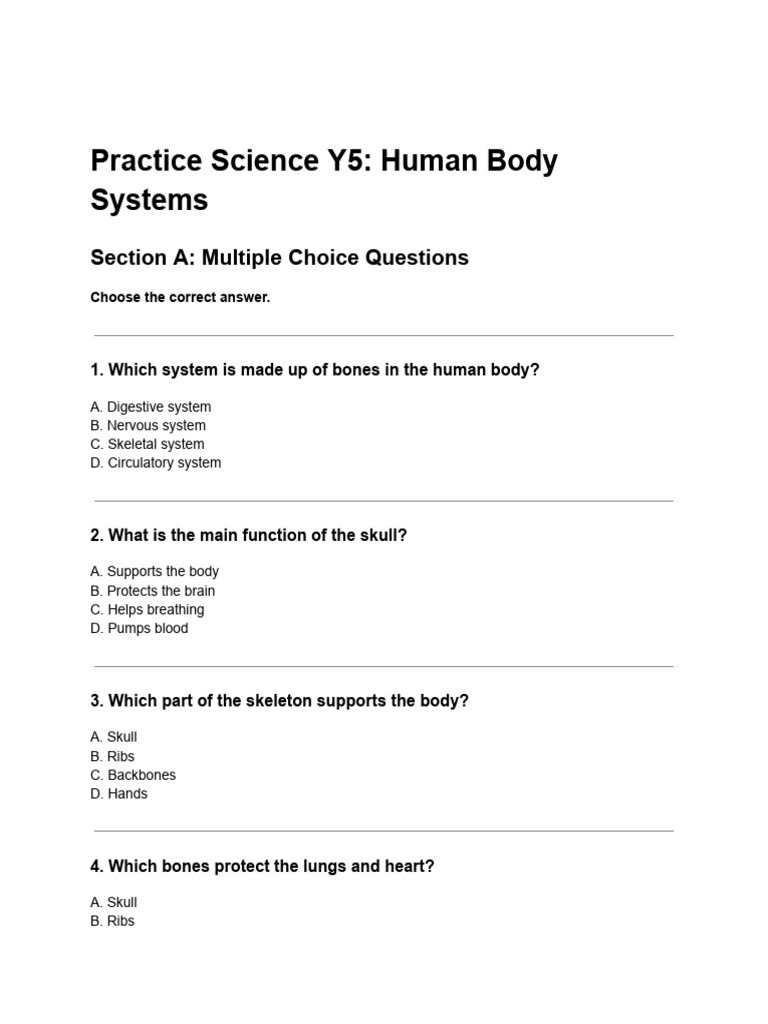 Human Body Systems: Y5 Science Quiz | PDF | Human Body | Skeleton