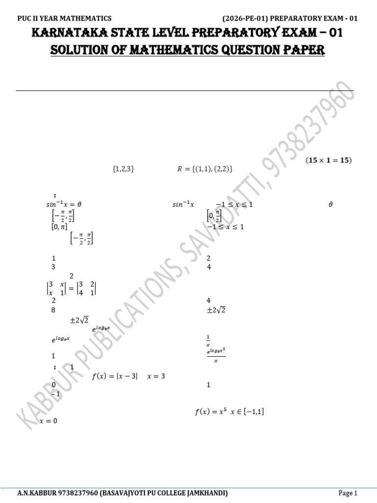 PUC II Year Mathematics Exam Solutions | PDF | Matrix (Mathematics ...