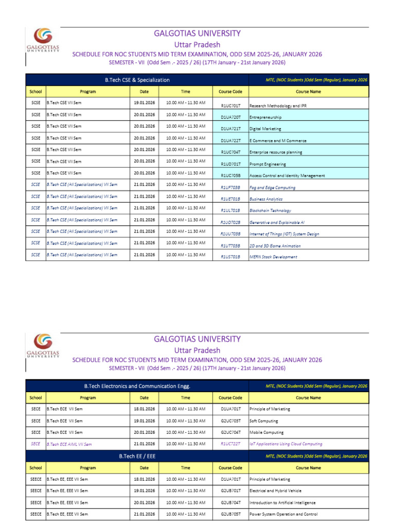 NOC Students MTE Date Sheet January 2026 | PDF | Master Of Business ...