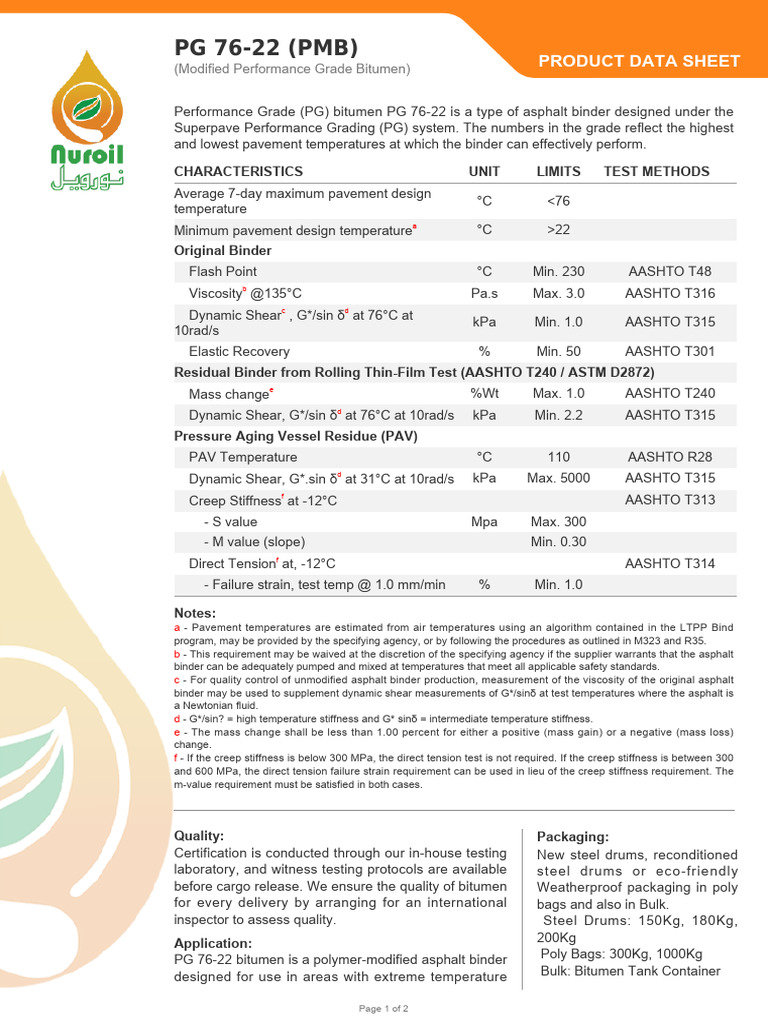 PG 76-22 Modified Bitumen Data Sheet | PDF | Safety | Viscosity