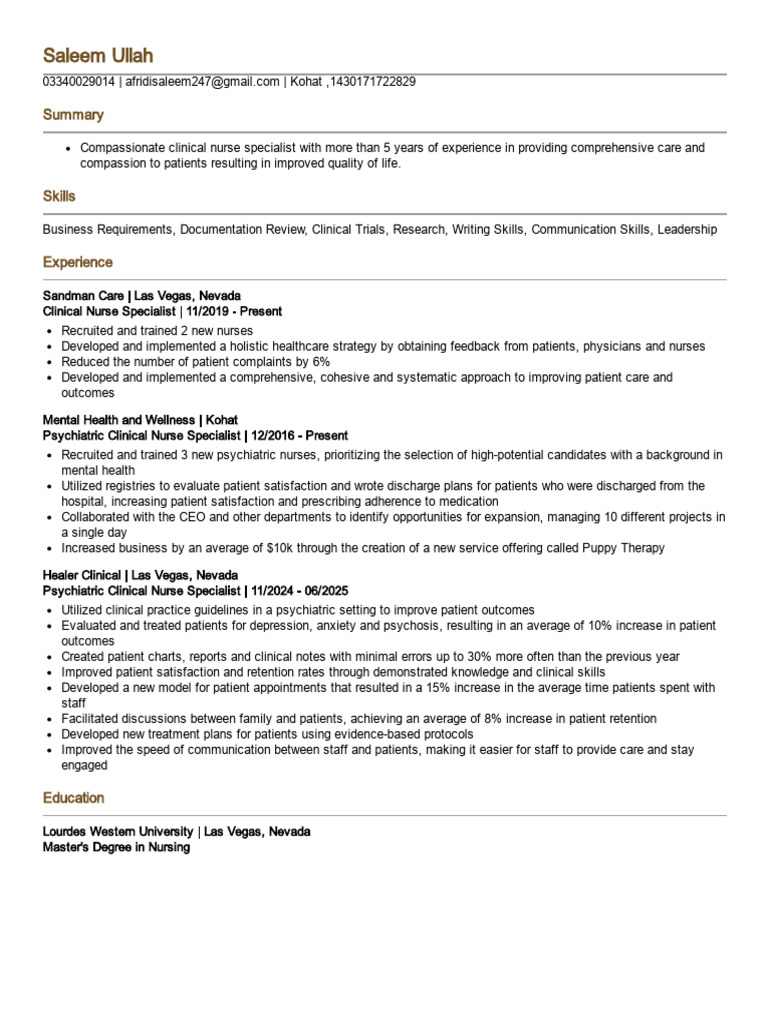 Experienced Clinical Nurse Specialist | PDF | Patient | Nursing